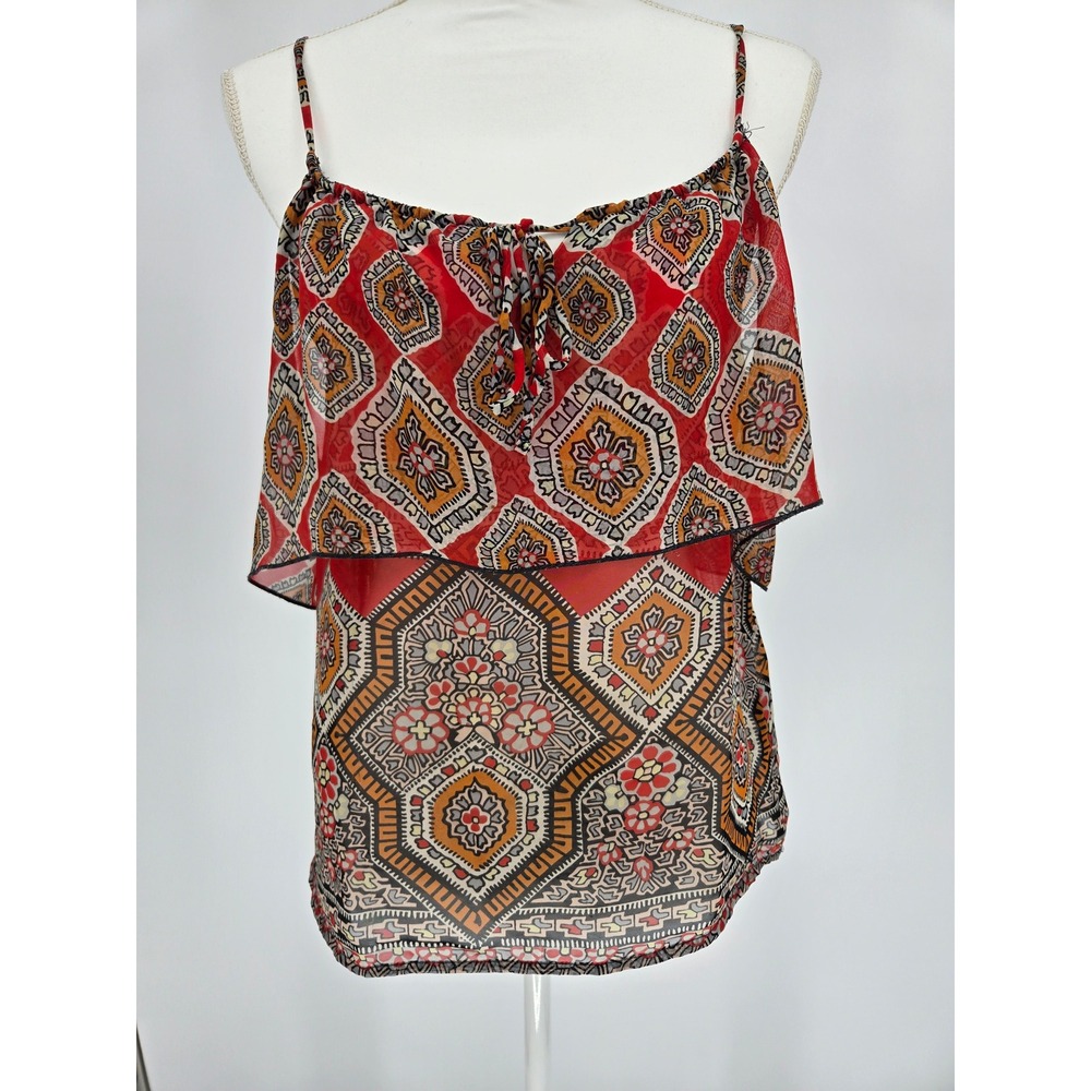 Nevada Womens Red Geometric Medallion Ruffle Chiffon Cami Top Size Small